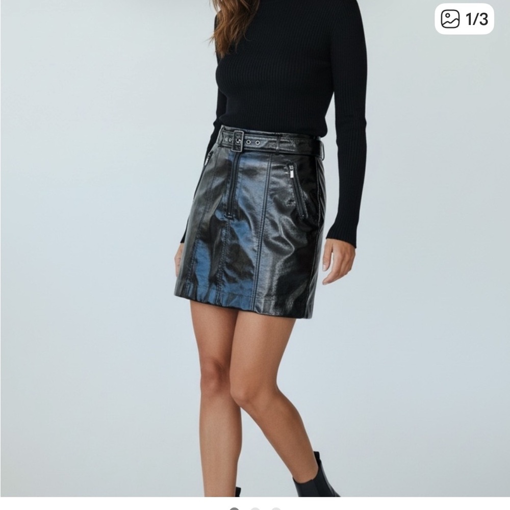 Karl Lagerfeld Paris Faux Patent Leather Belted Skirt